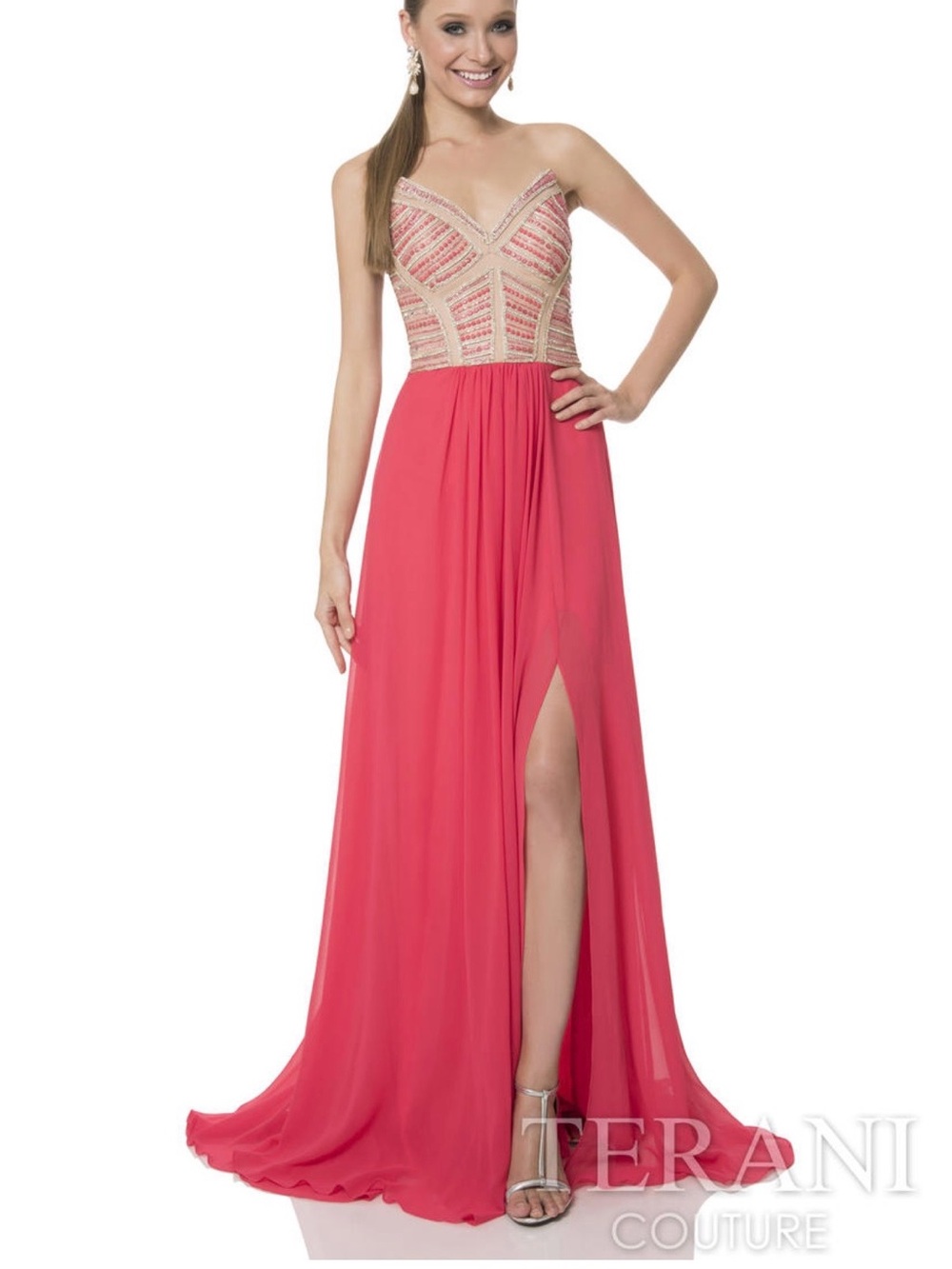 Terani Couture Coral-Pink Strapless Beaded Chiffon Gown